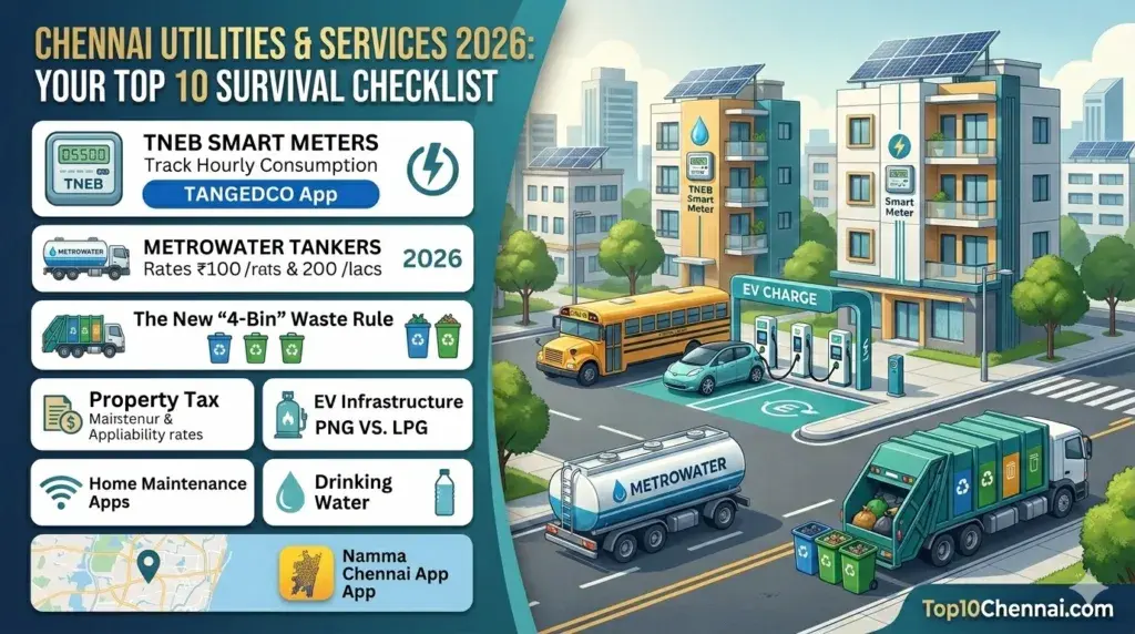 2026 Chennai Utility Survival Guide: Step-by-step for TANGEDCO smart meters, CMWSSB metered water billing, and GCC 4-bin waste segregation.