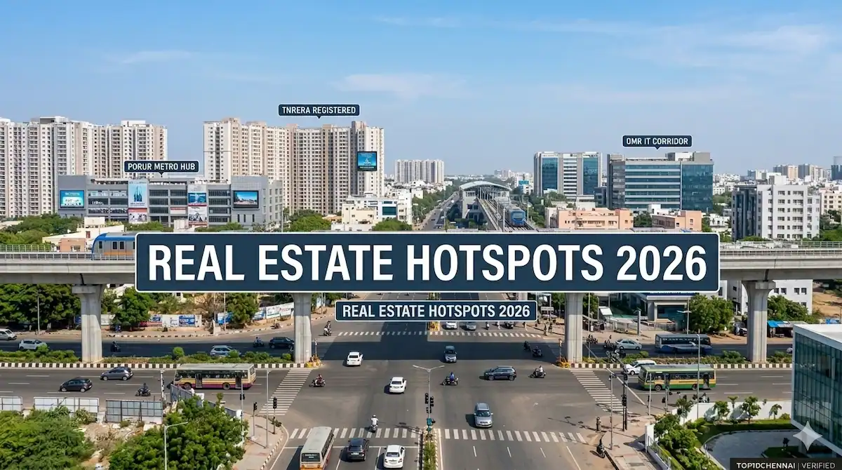 2026 Chennai Real Estate Hotspots Map: Metro Phase 2 connected areas in OMR, Porur, and Madhavaram featuring TNRERA verified builders.